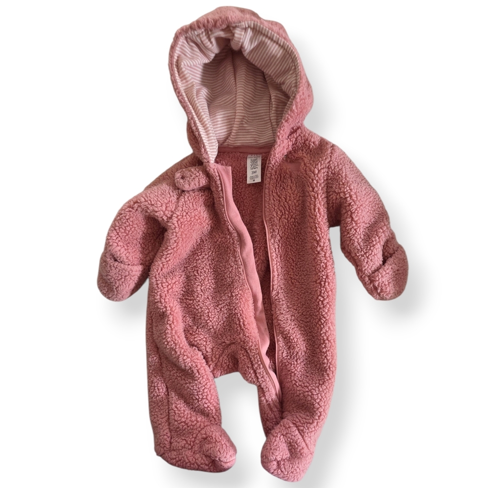 Just One You by Carter’s Pink Sherpa Bear Ear Hooded Pram Bunting Suit 3M - Picture 4 of 6